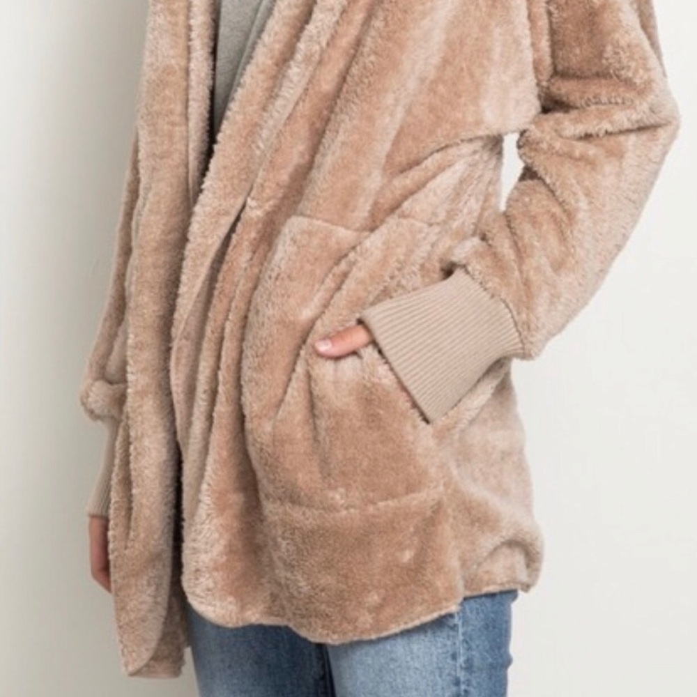 OS Teddy Fuzzy Fleece Cardigan Super Soft Taupe - Picture 2 of 6